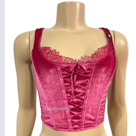 Victorias Secret Dream Angels Unlined Lace-up Velvet Corset Top Bra Pink Xlarge - Picture 3 of 8
